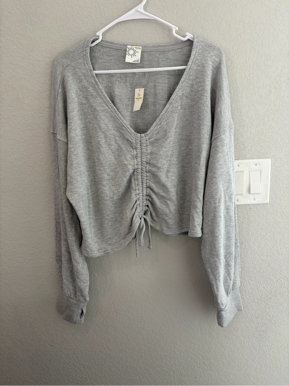 OFF LINE by aerie French Terry Cinch Cropped Gray V-Neck Long Sleeve Top
